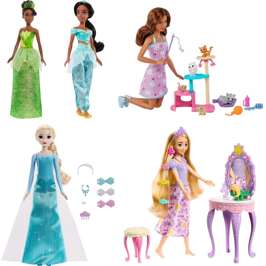 Disney Princess Tiana, Jasmine, Elsa, and Rapunzel dolls, and a Barbie doll with a cat playset