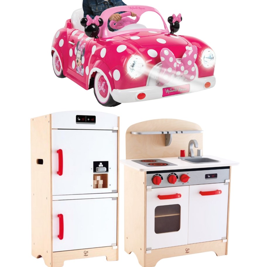 Minnie Mouse toy ride on car, play kitchen pieces