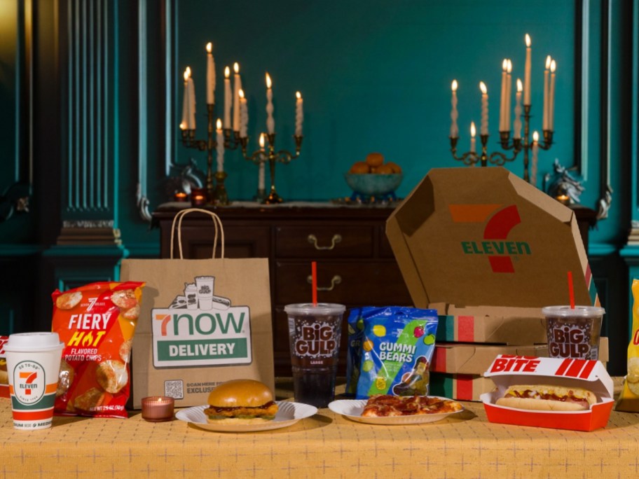 7-eleven food on table with Halloween decorations