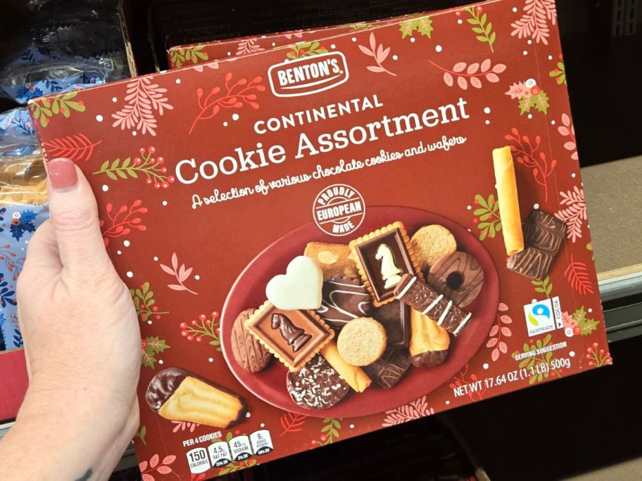 Hand holding a box of Benton's Continental Cookie Assortment 
