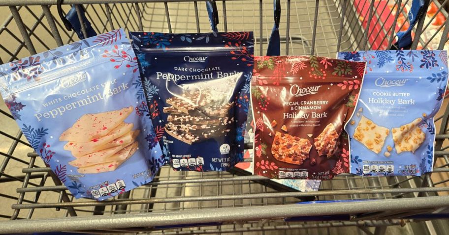 4 bags of Peppermint and Holiday Bark in an ALDI Shopping Cart