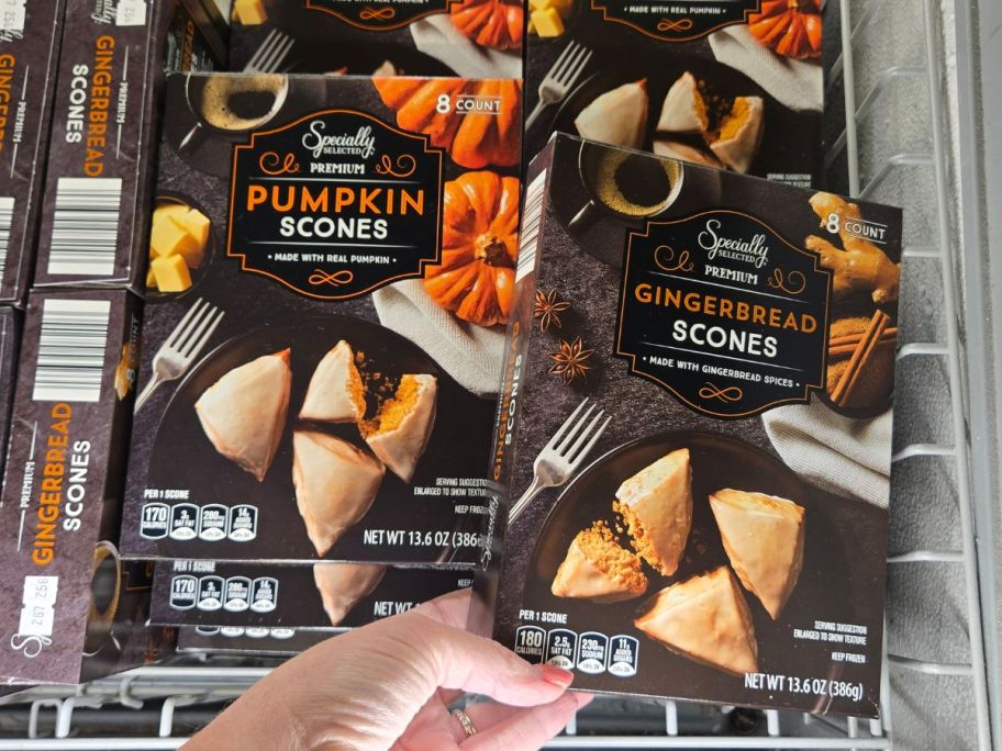 Hand holding boxes of Pumpkin and Gingerbread Scones at ALDI