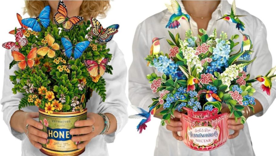 Stock images of two women holding FreshCut Floral Pop Up Cards with Butterflies and Hummingbirds