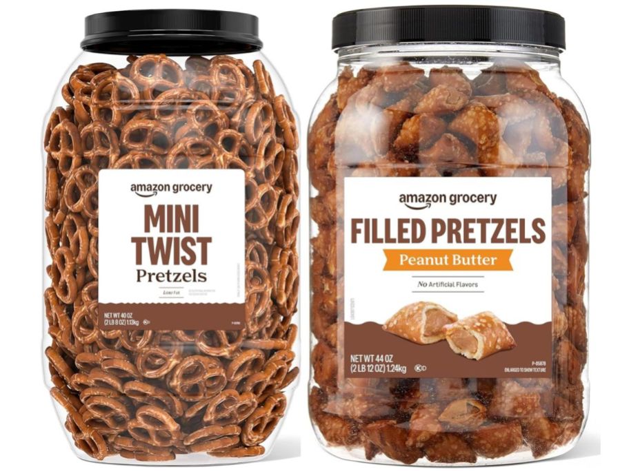 2 large tubs of Amazon Grocery Pretzels