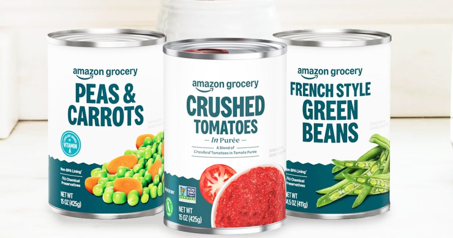 three cans of Amazon Grocery canned vegetables on counter