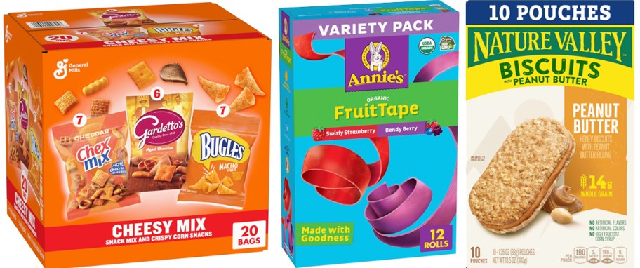 boxes of chex mix, annies, and natrue valley snacks