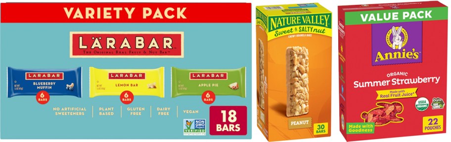 boxes of larabar, nature valley, and annies snacks