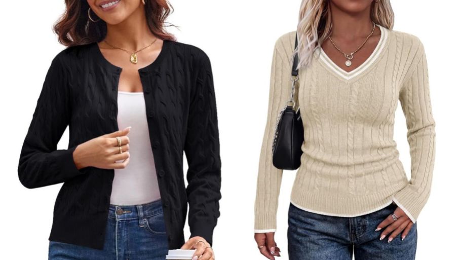 stock image of black cardigan and beige long sleeve sweater