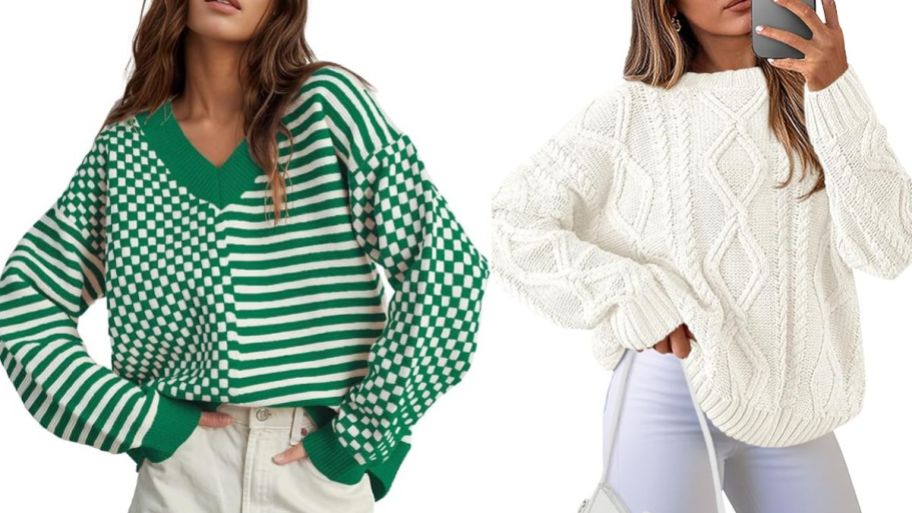 stock image of Amazon sweaters green and beige