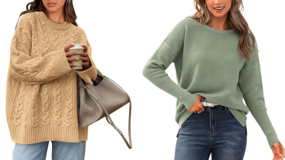 stock image of Amazon sweaters in tan and green