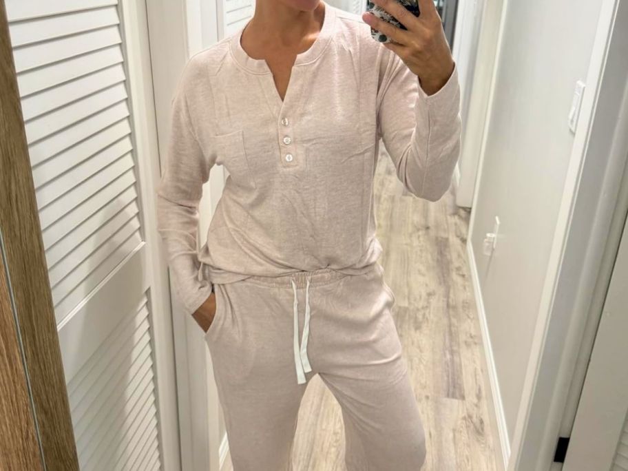 Woman wearing a two-piece beige set from Amazon