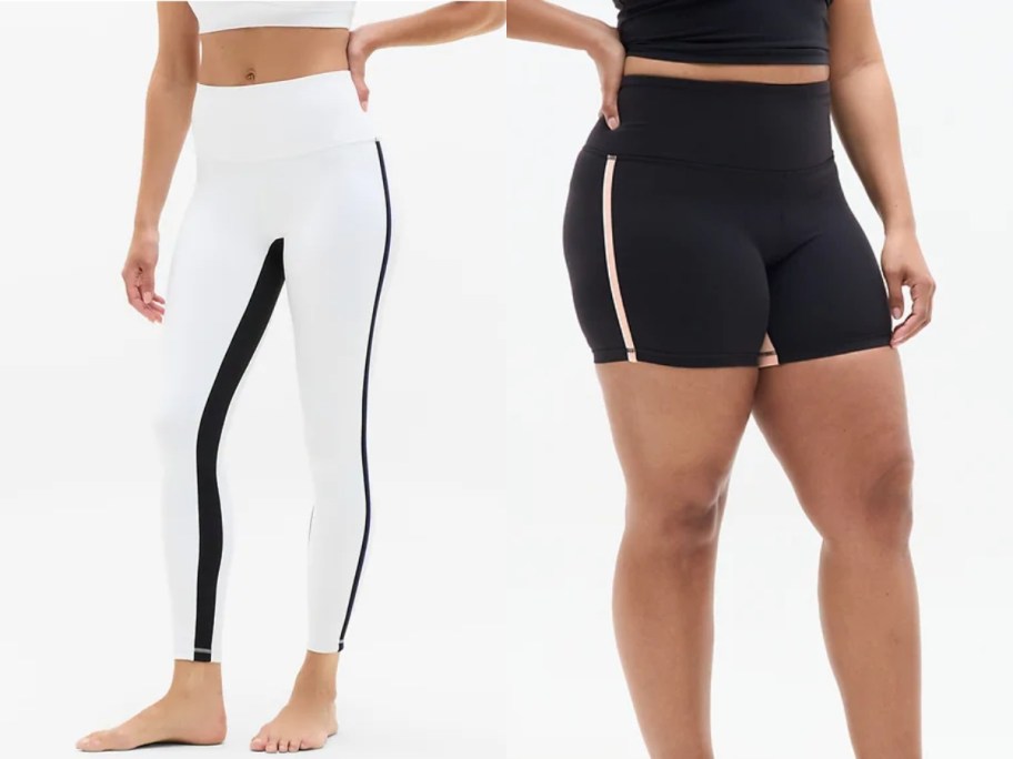 Stock image of a woman wearing Athleta leggings and bike shorts