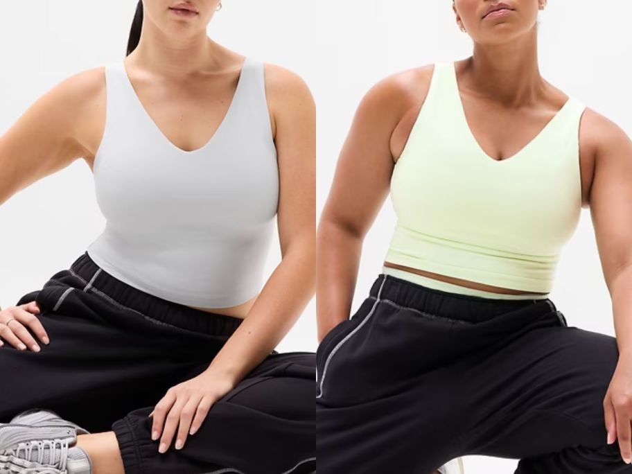 two women wearing Athleta Transcend V-Neck Crop Sports Bras