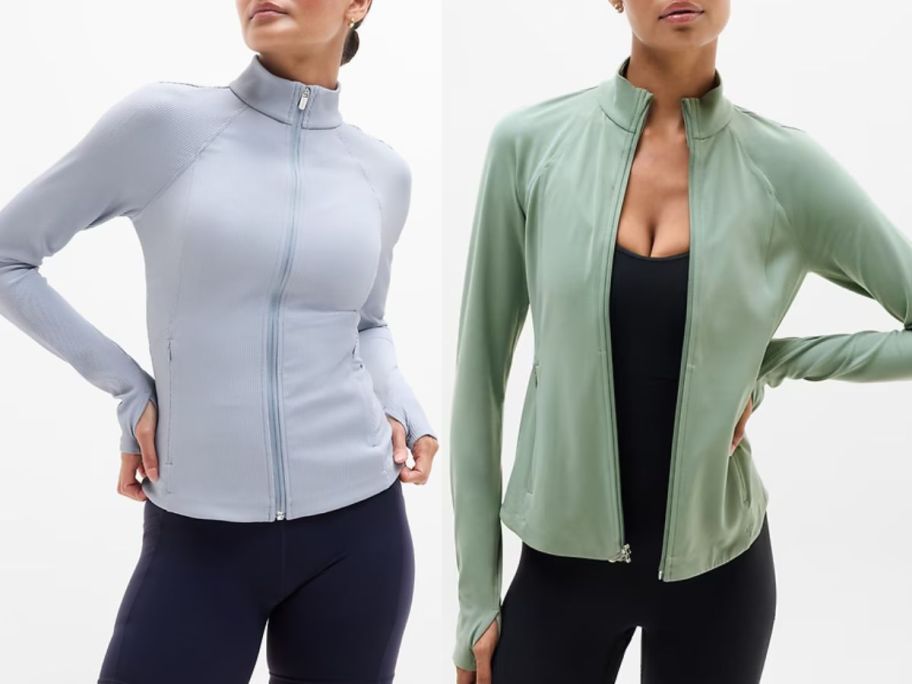 Stock images of two women wearing Athleta Salutation Ribbed Jackets