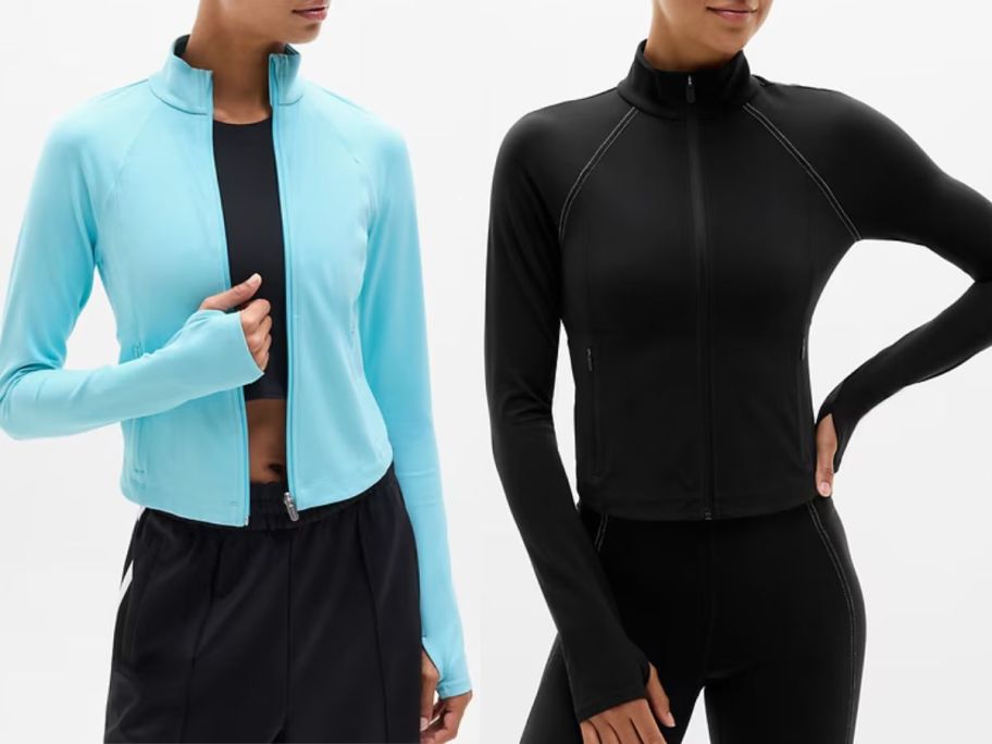 Stock images of two women wearing Athleta Salutation Crop Jackets