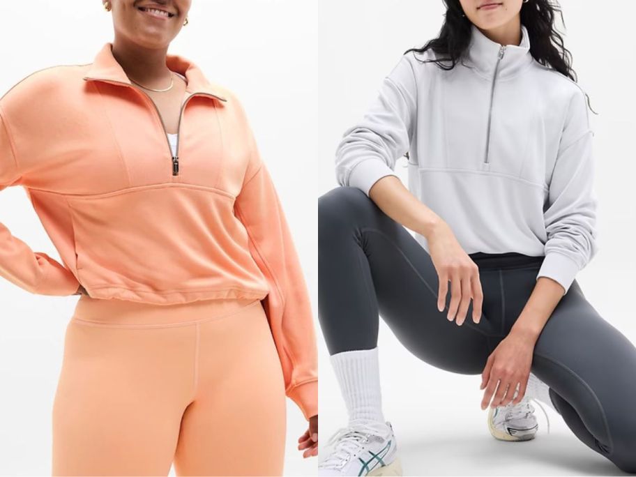 Stock images of two women wearing Athleta Seasoft Rib 1/4 Zip Popovers