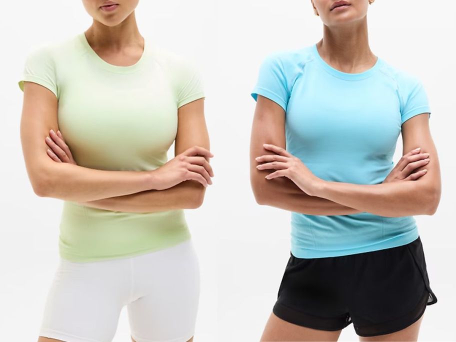 Stock images of two women wearing Athleta Momentum Seamless Tees