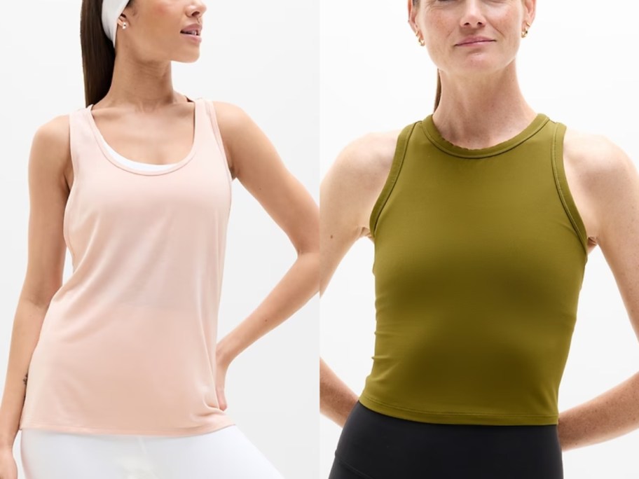Stock image of a woman wearing a pink and green Athleta tank top