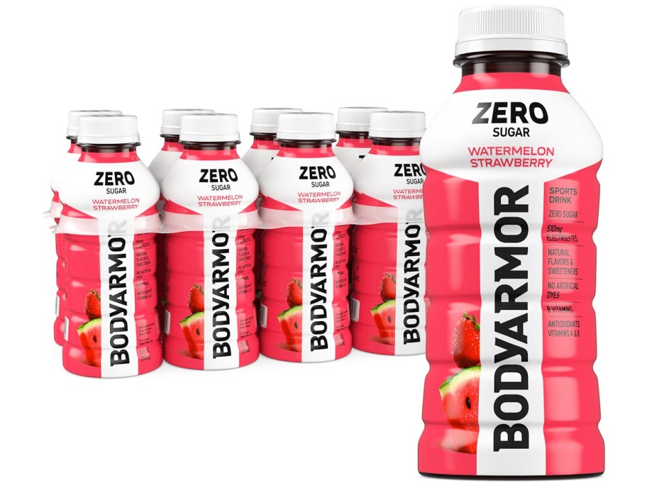 bottle of BODYARMOR in watermelon strawberry flavor in front of a case of more bottles