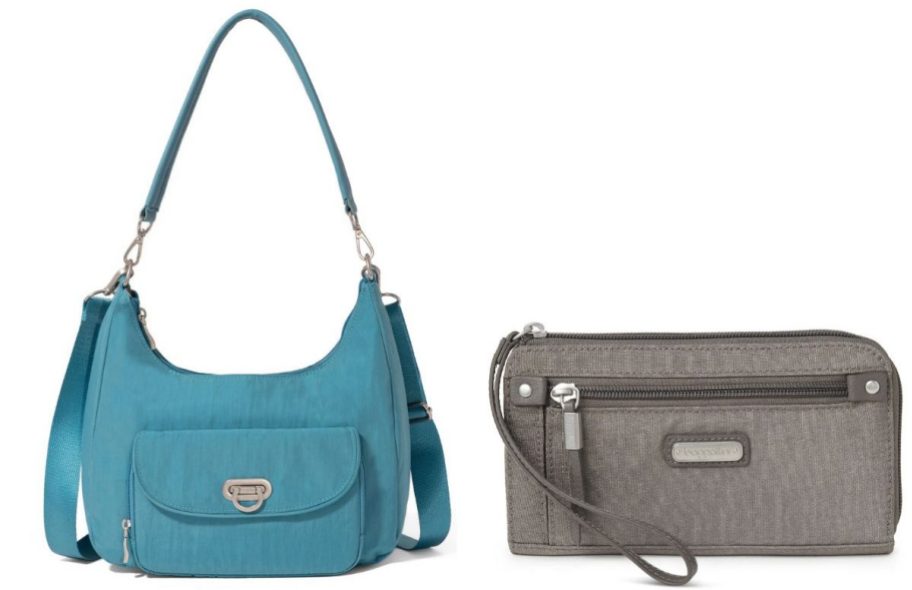 two different baggallini bags in blue and gray