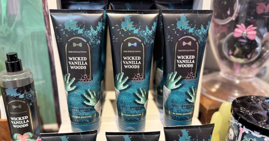halloween themed hand creams on store display table