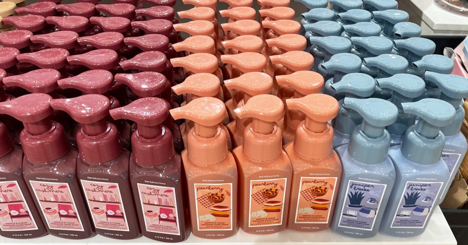 rows of Bath & Body Works Hand Soaps on a display table