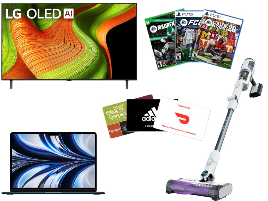 Best Buy Black Friday Deals including Gift Cards, Shark Vacuum, EA Video Games like Madden and College Football, OLED TVs, Macbooks, and a Shark Vacuum