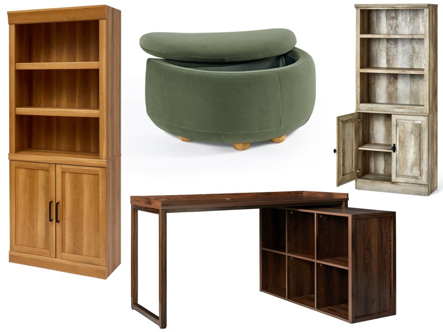 Better Homes & Gardens Glendale 5-Shelf Bookcase, Juliet Modern Velvet Chaise & Storage Ottoman, Ezra Modular L Desk w: 6-Cube Storage, Ezra Modular L Desk w: 6-Cube Storage, Crossmill 5 Shelf Bookcase