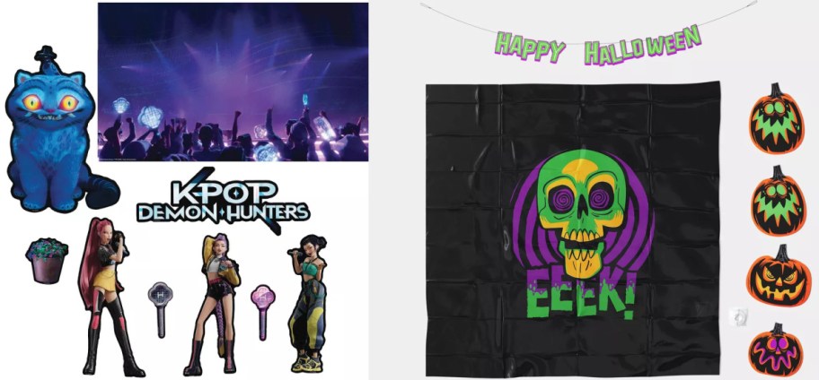 A collage featuring K-Pop Demon Hunters merchandise on the left, including character stickers, a blue cat illustration, and a concert photo, alongside Halloween decorations with a "Happy Halloween" banner, a spooky green skull graphic, and pumpkin illustrations on the right.