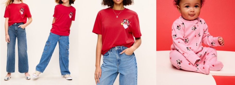 Three people wearing Old Navy Disney Valentine's Day clothing.