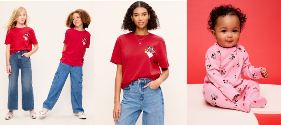 Three people wearing Old Navy Disney Valentine's Day clothing.