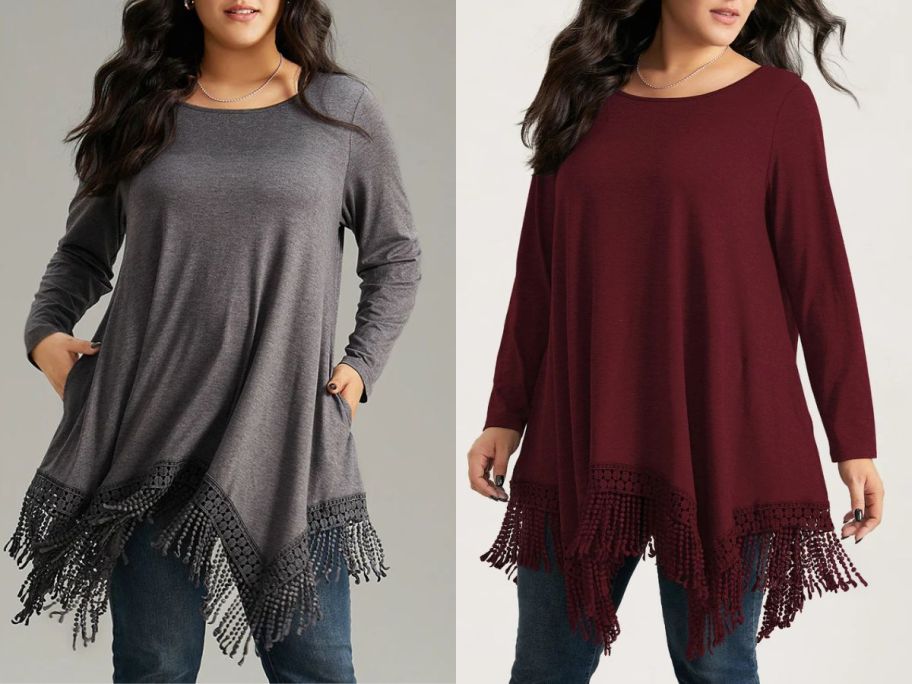 BloomChic Solid Tassels Trim Pocket Asymmetrical Hem T-shirt