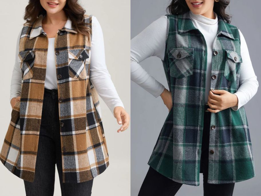 BloomChic Plaid Flap Detail Sleeveless Jacket