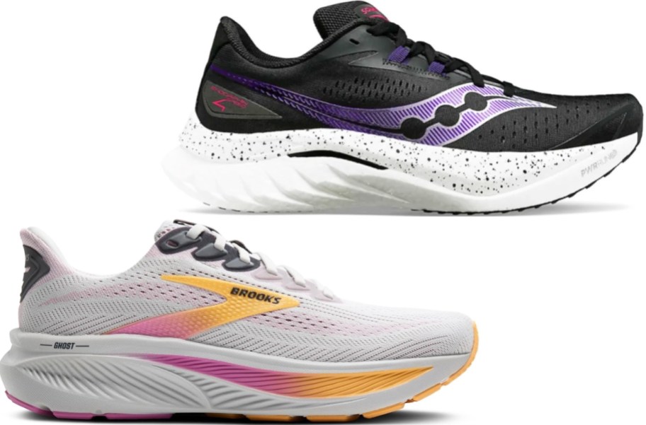 grey Brooks running shoe and black Saucony running shoe