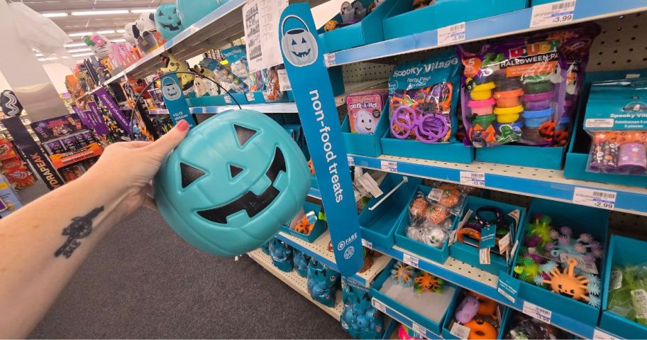 Teal Halloween Pumpkin basket aside toys