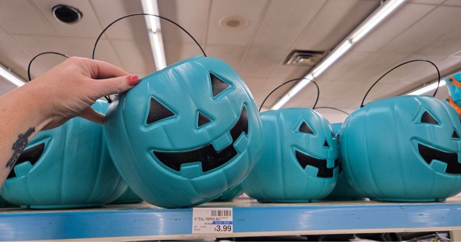 Teal Halloween Pumpkins on a shelf