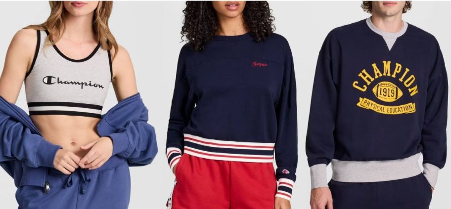 Stock images of two women and a man wearing champion clothing