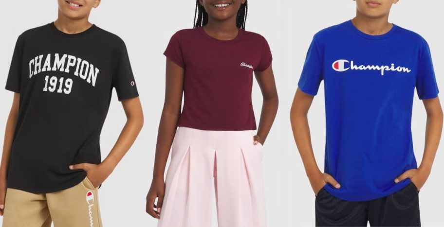 Stock images of 3 kids wearing Champion T-Shirts