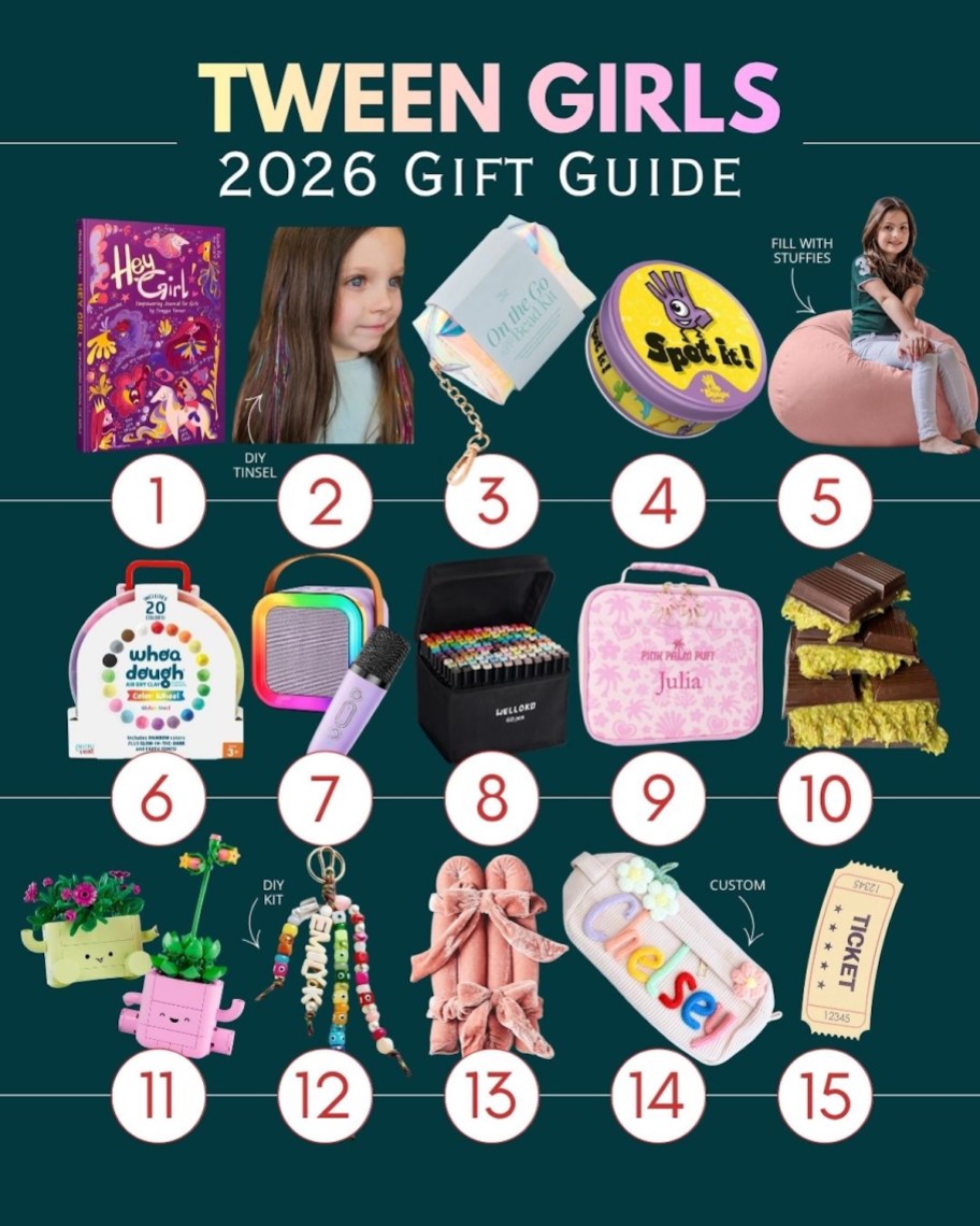 tween girls 2026 gift guide with various gift ideas on background
