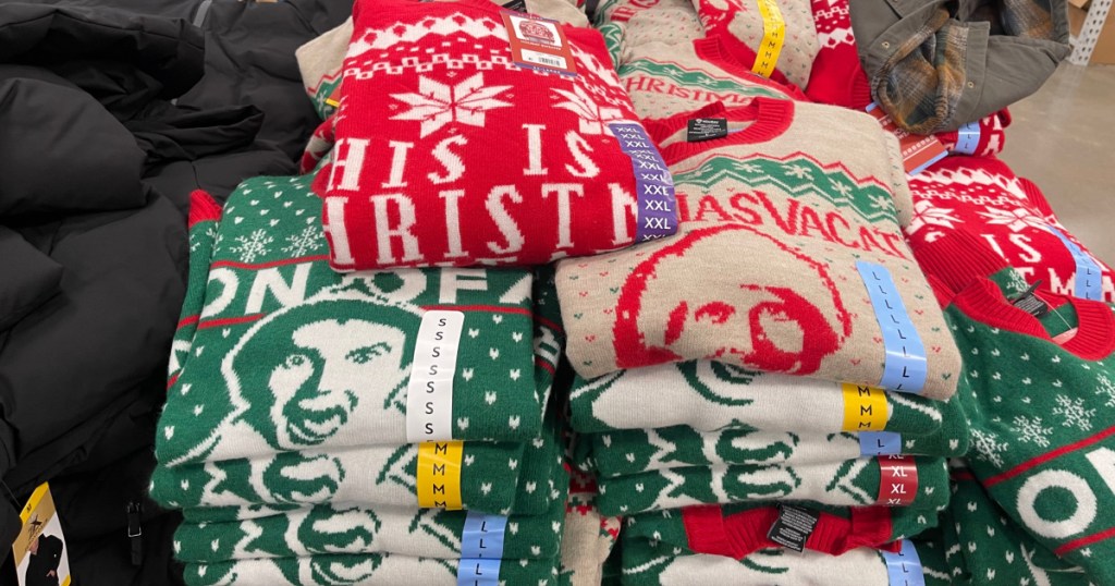 Stack of Christmas sweaters inside Sam's Club