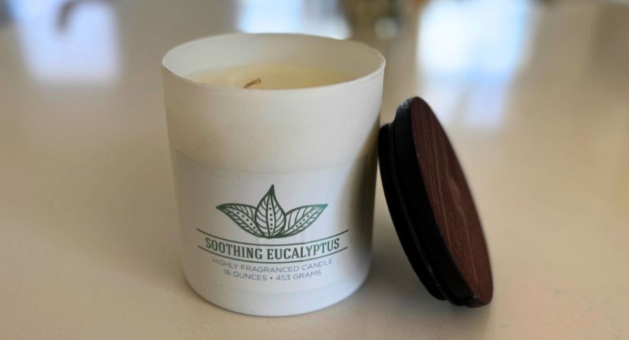Colonial Candle Soothing Eucalyptus 16oz Jar on top of the table