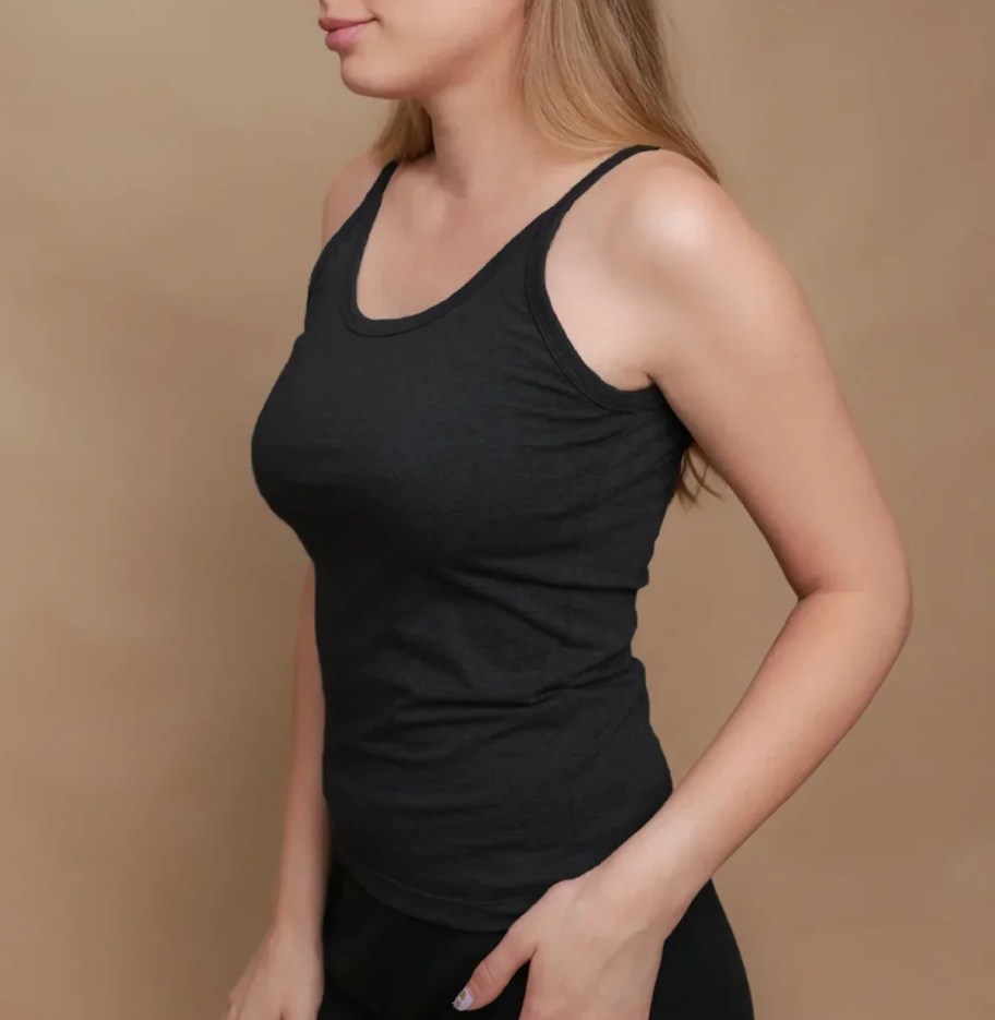 woman modeling black tank top