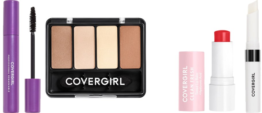 mascara, eyeshadow, and 2 lip products