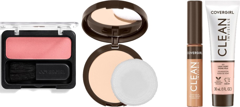 blush, pressed powder, concealer, and foundation