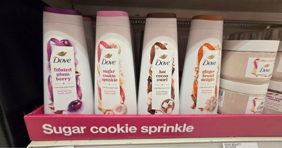 several Dove beauty bars a shelf in a store