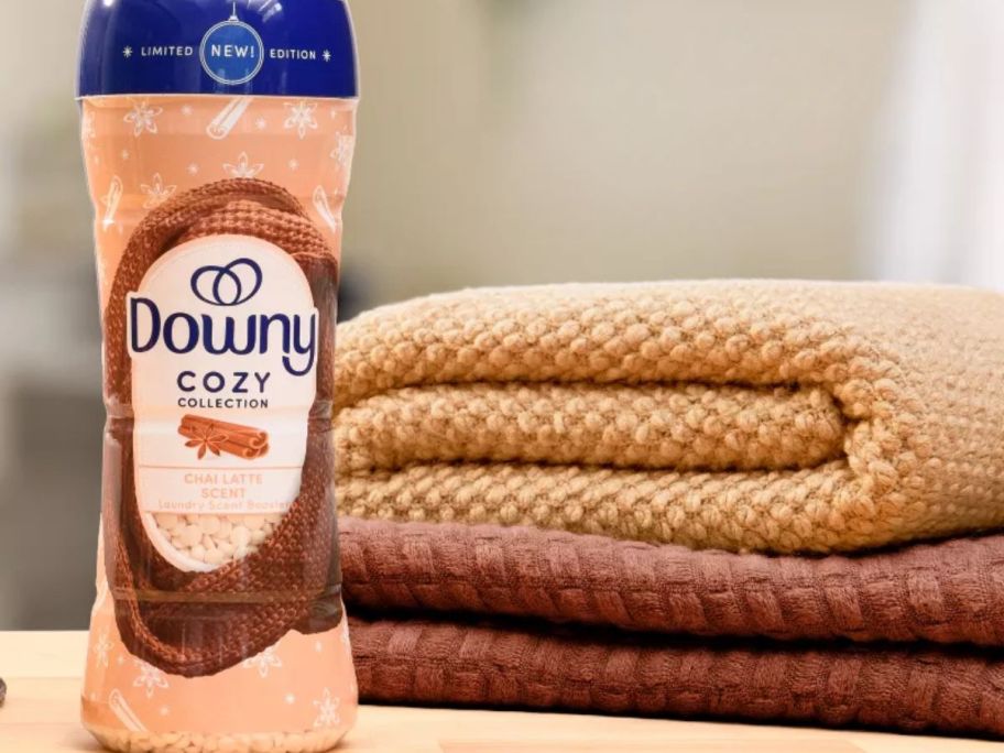 Downy Laundry Additive Beads with blankets on the side 