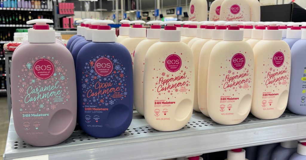 Different EOS body lotions in holiday scents on Walmart store shelf