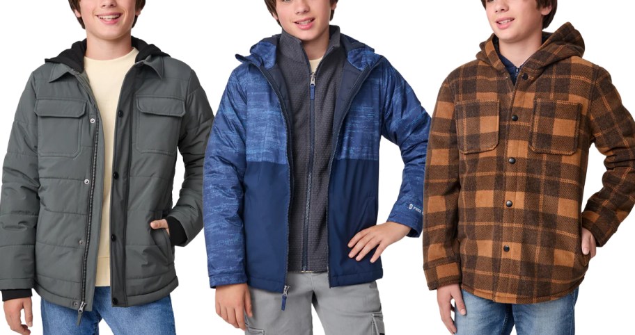 Free Country Boys Trail Puffer Hoodie Shacket, Stretch 3-in-1 Systems Jacket, Chill Out Fleece Hoodie Jacket