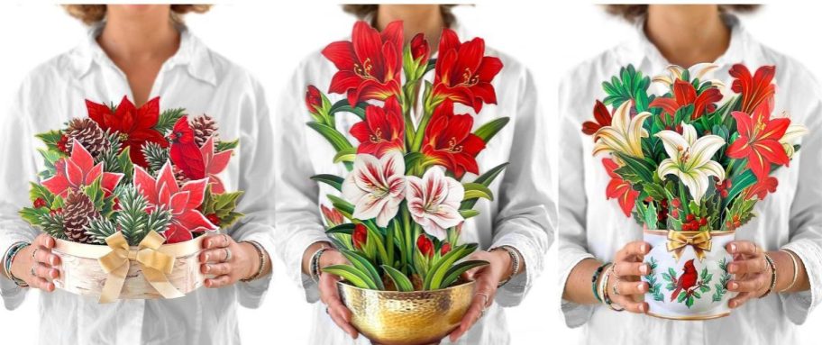 Stock images of 3 women holding FreshCut Holiday Pop Up Cards