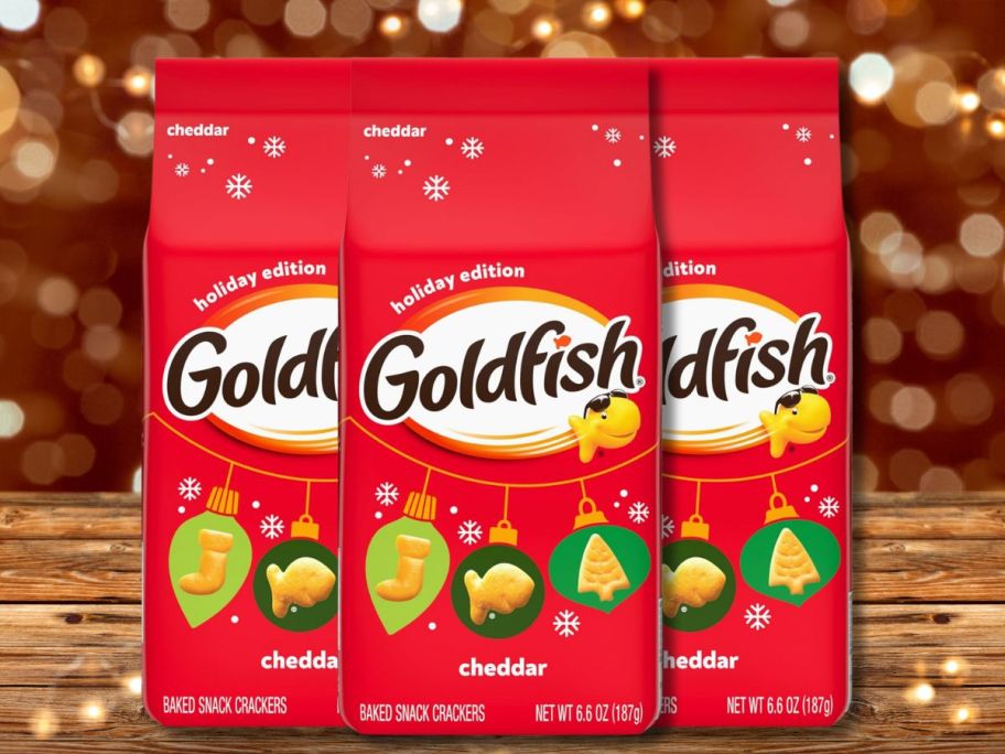 3 Goldfish Holiday edition packages on a table